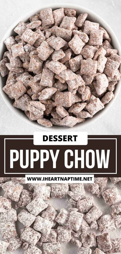 Chocolate and peanut butter coated cereal dusted in powdered sugar make this puppy chow recipe irresistible. This snack is perfect for a last minute dessert! Chex Mix Recipes Christmas, Sweet Chex Mix, Sweet Chex, Puppy Chow Recipe, Puppy Chow Chex Mix Recipe, Chex Mix Puppy Chow, Chow Recipe, Puppy Chow Recipes, I Heart Naptime