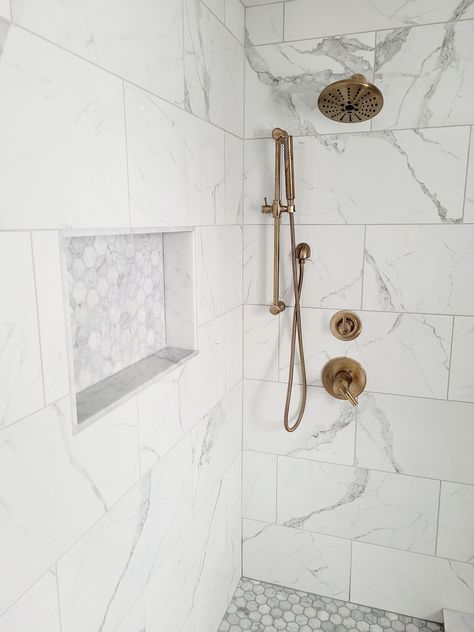 Tile For Shower Walls, Tile Niche, White Marble Tile Bathroom, White Marble Shower, Marble Shower Walls, Marble Shower Tile, Porcelain Tile Bathroom, Marble Bathroom Floor, Master Bath Renovation