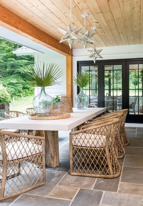 Enclosed Patio, Outdoor Dining Room, Wood Ceiling, Beautiful Patios, Ideas Backyard, Rattan Dining Chairs, Patio Dining Table, Patio Decorating Ideas, Backyard Retreat