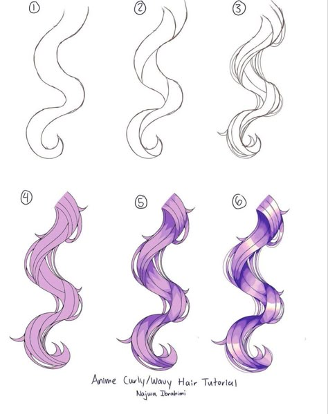 Draw Curly Hair, Drawing Hair Tutorial, Hair References, Anime Tutorial, Drawing Hair, Lips Drawing, Hair Drawing, Sketches Tutorial, Tutorials Drawing