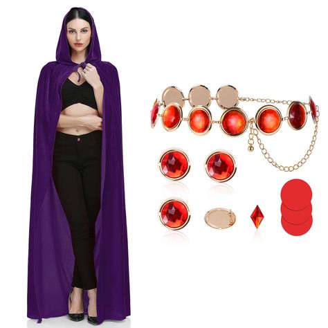 PRICES MAY VARY. Package Included (10PCS): Halloween cosplay costume set includes a purple cape, a red gem waist chain, a versatile red round rhinestone with a practical pin, three red round rhinestones paired with three adhesive stickers, and a dazzling diamond rhinestone for the forehead. An ideal raven costume set to fulfill your raven cosplay needs. High-Quality Materials: The cloak with hood for women is made of 100% polyester velvet, ensuring it is very soft and comfortable. The raven belt Raven Cloak, Raven Belt, Raven Halloween Costume, Raven Costume, Cloak With Hood, Raven Halloween, Wizard Robes, Raven Cosplay, Purple Cape