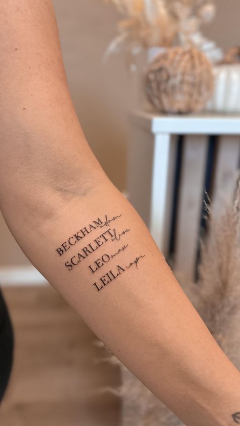 Instagram Tattoos To Get For Your Daughter, Arm Tattoos For Women Dainty, Single Line Name Tattoo, Tattoos For Mom From Daughter, Tattoo About Son, Name Tattoo Back Of Arm, Full Of Life Tattoo, 4 Names Tattoo Ideas, Simple Daughter Tattoos