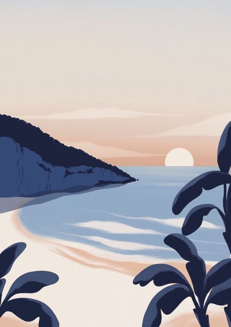 Beach Landscape Illustration, Flat Illustration Landscape, Landscape Illustration Minimalist, Beach Digital Art, Beachy Wallpaper, Boho Painting, Beach Illustration, Japon Illustration, Small Canvas Art