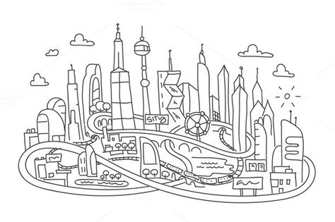 Hand line drawing, futuristic city  by Kalinin on @graphicsmag Future City Illustration, Future City Drawing, City Drawing Easy, Cyberpunk Art Futuristic Architecture, Future City Concept, Cyberpunk 2077 Concept Art, Futuristic Architecture Future City, Urban Fantasy Art, Future Drawing