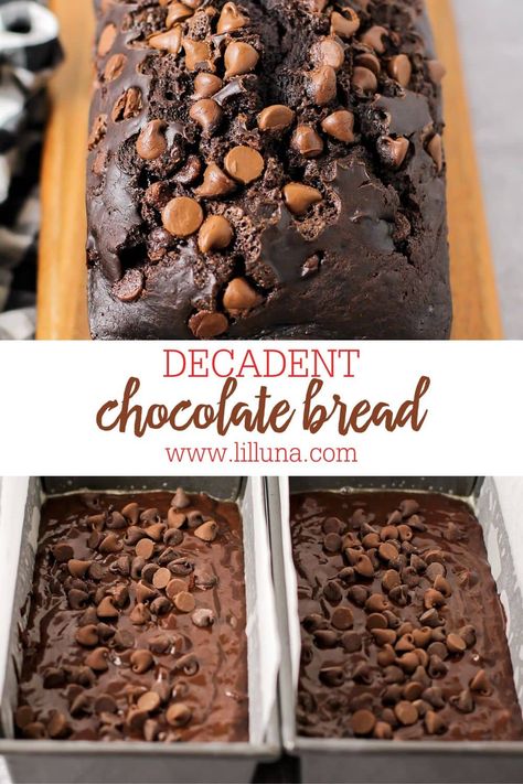 Decadent Chocolate Bread is studded with chocolate chips, and preps in 10 minutes! It's moist and delicious. #chocolatebread #chocolate #bread #quickbread Double Chocolate Bread, Chocolate Brioche Bread Recipe, Chocolate Coffee Bread, Dessert Bread Loaf, Double Chocolate Chip Bread, Chocolate Chip Dutch Oven Bread, Chocolate Chocolate Chip Bread Loaf, Chocolate Sweet Bread Recipes, Chocolate Chocolate Chip Bread