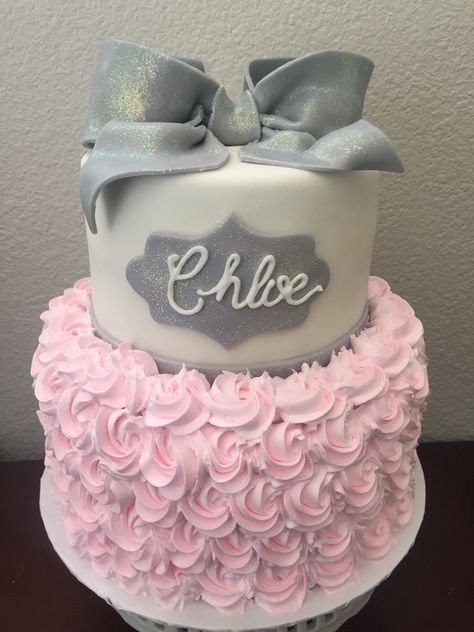 Pink and Gray Baby Shower Cake                                                                                                                                                      More Funny Baby Shower Cakes, Pink Baby Shower Cake, Baby Shower Cake Decorations, Idee Babyshower, Grey Baby Shower, Baby Shower Cakes Girl, Girl Cupcakes, Baby Shawer, Baby Shower Princess