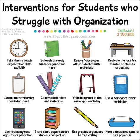 Over 20 interventions and supports for helping students who struggle with organization, a critical executive functioning skill necessary for success inside and outside of school. Strategies for kids and teens include activities that can be done at school and at home. Ideal for middle or high school teens. #executivefunctioning #studyskills #organization #pathway2success School Organization For Teens, High School Teen, Organizational Skills, High School Organization, Executive Functioning Skills, Executive Function, Behavior Interventions, School Social Work, Organization Skills