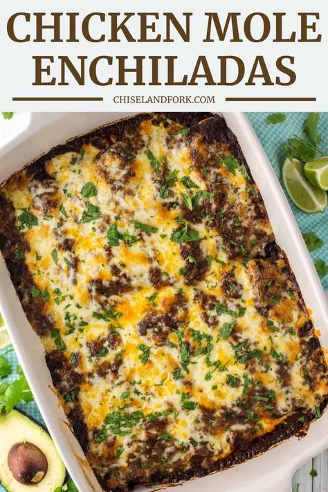 These chicken mole enchiladas are a unique take on a traditional Mexican dish, where the sauce is the star but you can make in way less time. #chickenmoleenchiladas #chickenmole #chickenenchiladas #enchiladas #mexican | chiselandfork.com Mole Enchiladas Chicken, Mole Dishes, Mole Enchiladas Recipe, Chicken Mole Enchiladas, Mexican Potluck, Mole Enchiladas, Enchiladas Recipes, Coco Puffs, Fiesta Food