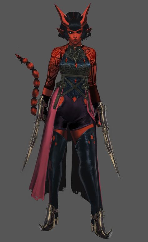 Red Tiefling Female Rogue, Tiefling With Tattoos, Tiefling Tattoo, Female Tiefling Rogue, Red Tiefling Woman, Tiefling Gunslinger, Red Tiefling Female, Dnd Female Tiefling, Dnd Tiefling Female