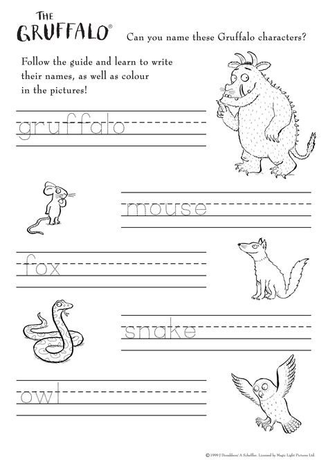 Print this activity sheet out, and get the little ones to practice their handwriting and learn how to spell their favourite Gruffalo characters! Gruffalo Story Map, Gruffalo Worksheets, The Gruffalo Activities, Gruffalo Characters, Gruffalo Activities, Gruffalo's Child, Writing Picture Books, Childrens Books Activities, Story Sack