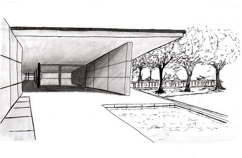 Barcelona Pavilion Sketch, Memorial Park Design, Architecture Work, Barcelona Pavilion, Birmingham City University, Perspective Sketch, Architecture Sketchbook, Ludwig Mies Van Der Rohe, Parking Design