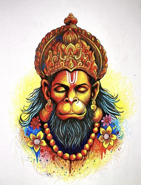 Hanuman Ji Drawing Pencil Colour, Acrylic Brush Pen Art, Ganesha Art Drawing, Hanumanji Tattoo, Hanuman Ji Photo, Hanuman Ji Drawing, 12 Jyotirlinga, Hanuman Drawing, Pencil Colour Painting