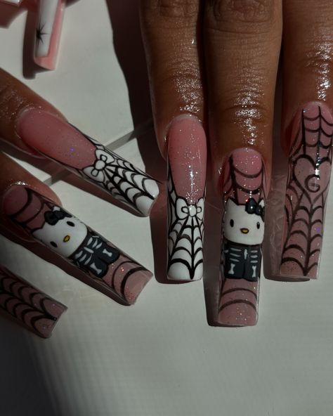 hand drawn skeleton hello kitty 🐱🕸️₊ ⊹ #gelx #nails #spookynails #october #halloween #halloweennails #hellokitty #hellokittynails #skeletonnails #skeletonhellokitty #webnails #longnails #nailinspo Drawn Skeleton, Halloween Hello Kitty, Kitty Nails, October Halloween, Hello Kitty Nails, Hello Kitty Halloween, Cat Nails, Halloween Nails, Long Nails