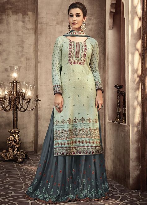 Buy Online Splendid Pastel Green and Gray Party Wear Sharara Style Suit Ethnic Trends, Designer Sharara Suits, Designer Sharara, Sharara Designs, Sharara Suits, Palazzo Suit, Sharara Suit, Pakistani Suits, Indian Ethnic Wear