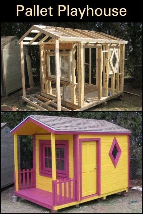 Diy Playhouse Outdoor Cheap, Diy Playhouse Outdoor, Diy Pallet Playhouse, Diy Wooden Playhouse, Kids Shed, Playhouse Diy, Playhouse For Kids, Pallet Kids, Wood Playhouse