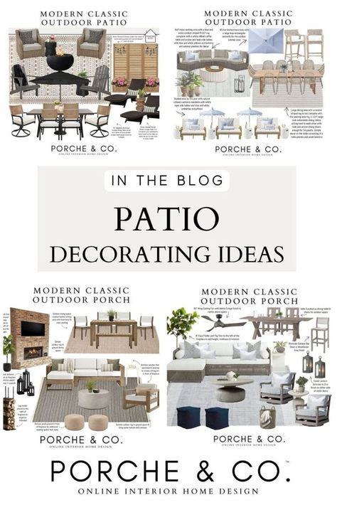 Looking for outdoor patio design ideas? Our blog features a range of mood boards. Each mood board is carefully curated with patio decor ideas, showcasing how various elements can come together to create the perfect outdoor living space decor for your DIY Interior Project. Visit the Porche & Co. blog to learn more about outdoor decor and other room decor updates with modern classic home decor styles. Porch Furniture Layout, Patio Decoration Ideas, Apartment Decorating Black, Porch Inspiration, Modern Classic Home, Living Space Decor, Outdoor Patio Designs, Classic Home Decor, Classic Home