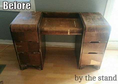 Makeup Vanity Makeover, Painted Makeup Vanity, Vanity Redo, Diy Vanity Table, Vintage Makeup Vanities, Waterfall Vanity, Diy Waterfall, Old Vanity, Barn Houses