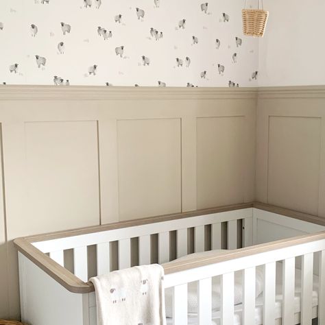 Panelled Nursery, Nursery Panelling, Wallpaper Panelling, Shaker Wall, Panels Design, Room Neutral, Dado Rail, Nursery Room Design, Baby Room Inspiration