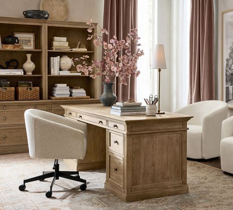 Livingston Executive Desk (75") | Pottery Barn Home Office Transitional Style, Wood Desk Office Ideas, Restoration Hardware Desk, Pottery Barn Office, Library Goals, Natural Wood Desk, Brass Accent Table, Meranti Wood, Upholstered Desk Chair