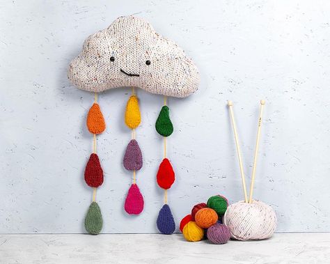 Knit a Cloud with Raindrops, Free Pattern by Louise Walker | KnitHacker Cloud Hanging, Knitted Gifts, Baby Cardigan Pattern, Mattress Stitch, Super Chunky Yarn, Homemade Toys, Easy Knit, Clouds Pattern, Knit Picks