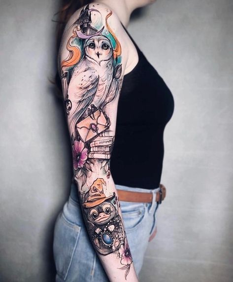 Literary Ink’s Instagram profile post: “Check this sleeve out by @pliszkamagdalena • #literaryink #harrypotter #hogwarts #gryffindor #slytherin #hufflepuff #ravenclaw #pottermore…” Harry Potter Tattoo Unique, Thestral Tattoo, Hedwig Tattoo, Harry Potter Tattoo Sleeve, Harry Tattoos, Hp Tattoo, Potter Tattoo, Harry Potter Tattoos, Harry Potter Tattoo