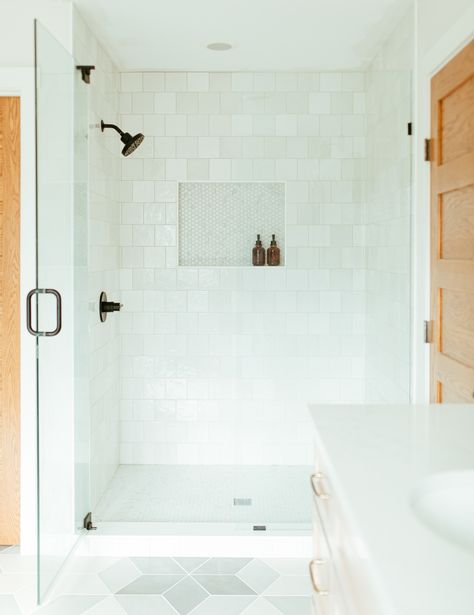 6x6 White Tile Bathroom Shower Walls, Bathroom Square White Tiles, White Square Tile Shower Wall, Large White Rectangle Tile Bathroom, Square White Bathroom Tiles, Small Square White Tiles Bathroom, White Shower Tile, Shiplap Feature Wall, White Tile Shower