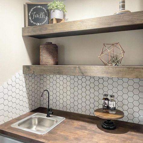 Wet Bars With Sinks, Small Bar Sinks And Faucets, Wet Bar With Butcher Block Counter, Coffee Bar Ideas With Sink, Farmhouse Wet Bar Ideas, Coffee Wet Bar, Bar Sink Ideas, Coffee Bar With Sink, Wet Bar Makeover