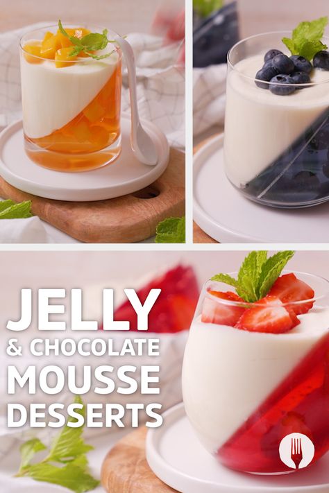 These Jelly & Chocolate Mousse Cups make a refreshing summer dessert 💥🙌🌞 Jelly Cup Ideas, Jelly In Cup, Mini Mousse Desserts, Jelly Ideas Desserts, Raspberry Mousse Cups, Gourmet Party Food, Christmas Tree Cheesecake, Desserts In Cups, Finger Buffet