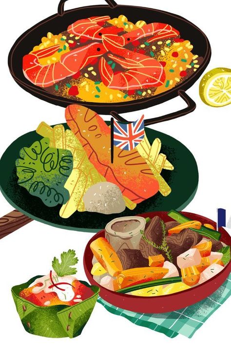 Food Digital Painting, Modern Food Illustration, Plate Of Food Illustration, Food Magazine Illustration, Food Illustrations Art, Food Animation Art, Fish And Chips Illustration, Fish Food Illustration, Paella Illustration