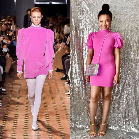 This is an example of trickle down fashion because the dress on the left is the original silhouette of the dress. The dress on the right is a reinvented version of the dress. The dress trickled down to fashion business influencing them to modify the dress into another version. Trickle Down Fashion, Flat Lay Fashion, Fashionista Aesthetic, Trend Bag, Blogger Outfit Inspiration, Holographic Iridescent, Puff Sleeves Dress, Charmeuse Dress, Blonde With Pink