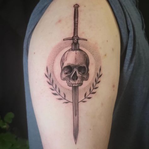 Had so much fun with this skull and sword. Thanks Tyson for trusting me with your first tattoo!! What a banger for a first piece. Illustrative Tattoos, Mama Tried, Best Tattoo, First Tattoo, Hidden Gem, Black And Grey Tattoos, Black And Gray, Cool Tattoos, Tattoo Artists