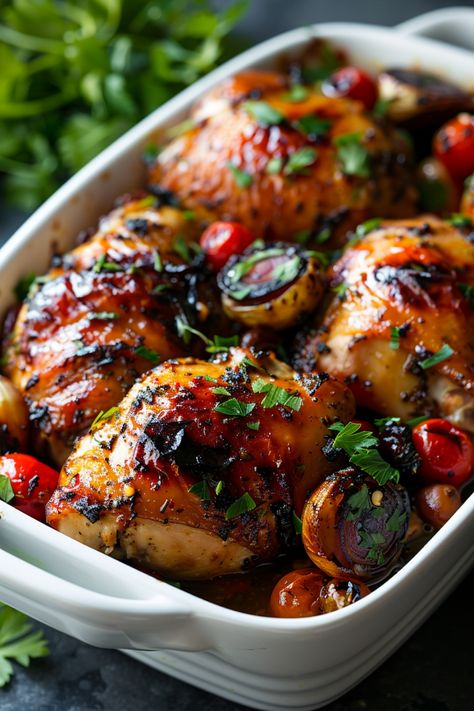 Roasted chicken thighs with herbs, cherry tomatoes, and red onions in a white baking dish. Chicken Olives, Satisfying Pics, Mediterranean Chicken Recipes, Chicken Marbella, Delicious Dinner Ideas, Dinner Ideas Easy, Fast Foods, Yummy Chicken, Tender Chicken