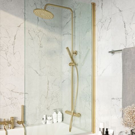 Shower Screen Over Bath, Brushed Brass Bathroom, Autumn Room, Bath Screen, Bath Shower Screens, Towel Radiator, Shower Surround, Brass Bathroom, Bath Screens