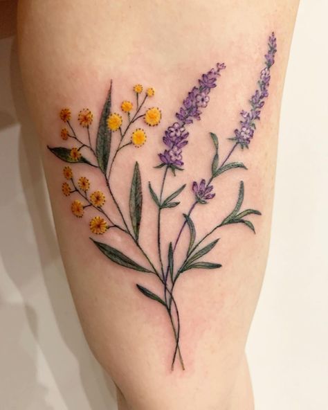 Lavender And Chamomile Tattoo, Wattle Tattoo, Lavender Sprigs Tattoo, Tattooed Grandma, Mothers Tattoo, Meow Tattoo, Dainty Flower Tattoos, Purple Flower Tattoos, Robin Tattoo