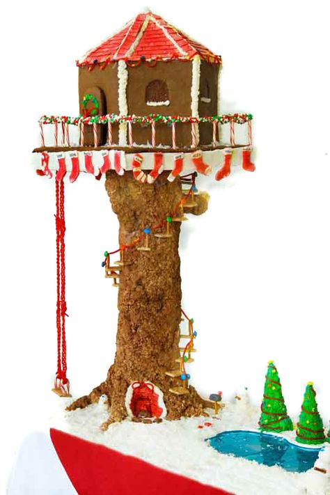 Gingerbread Tree house! i love the Pez bricks and the chewing gum shingles! Tree House Gingerbread House, Gingerbread Tree House, Gingerbread Treehouse, Gingerbread House Palm Tree, Treehouse Gingerbread House, Tiki Bar Gingerbread House, Campsite Gingerbread House, Chicken Coop Gingerbread House, Restaurant Style Recipes