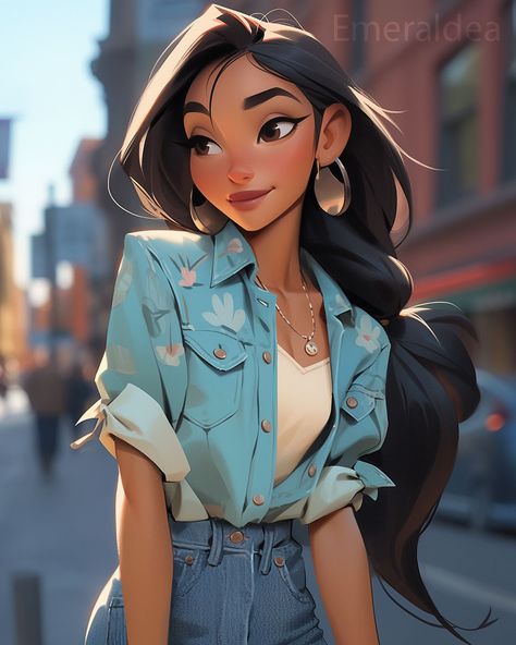 Modern  Disney Princess wearing jeans Disney Indian Princess, Disney Style Portrait, Pocahontas Modern, Disney Princess Illustration, Modern Day Disney Princesses, Modern Pocahontas, Indian Disney Princess, Modern Disney Princesses, Modern Disney Princess