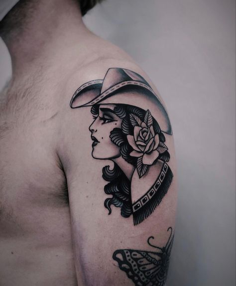 Cowgirl Shoulder Tattoo, Western Lady Tattoo, Cow American Traditional Tattoo, Loon Tattoo Traditional, Zz Top Tattoo, Mexican Cowgirl Tattoo, Cowgirl Face Tattoo, Even Cowgirls Get The Blues Tattoo, Old School Cowgirl Tattoo