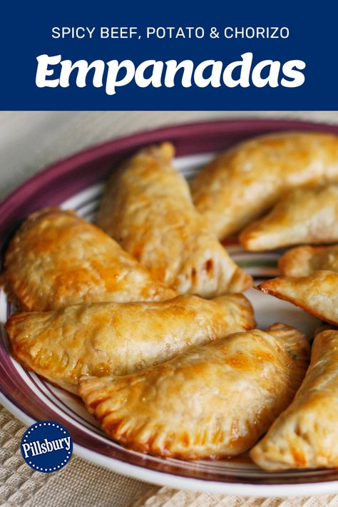 Add some spice to your life with these easy Beef, Potato and Chorizo Empanadas. 🌶️ These hand pies are great for game day and can be stuffed with whatever you have on hand. #Pillsbury #PillsburyPieCrust #Empanadas #SpicyFood #GameDay Potato Hand Pies, Meatball Pie, Chorizo Empanadas, Potato Chorizo, Potato Empanadas, Beef Chorizo, Pillsbury Pie Crust, Chorizo Sausage, Party Appetizers Easy