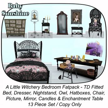 Second Life Marketplace - A Little Witchery: Witch's Bedroom Fatpack in Pink (ADD) Witch's Bedroom, Witch Bedrooms, Porter Chair, Hey Sunshine, Potions Book, Antique Telephone, Harry Potter Decor, Decor Themes, Hat Boxes