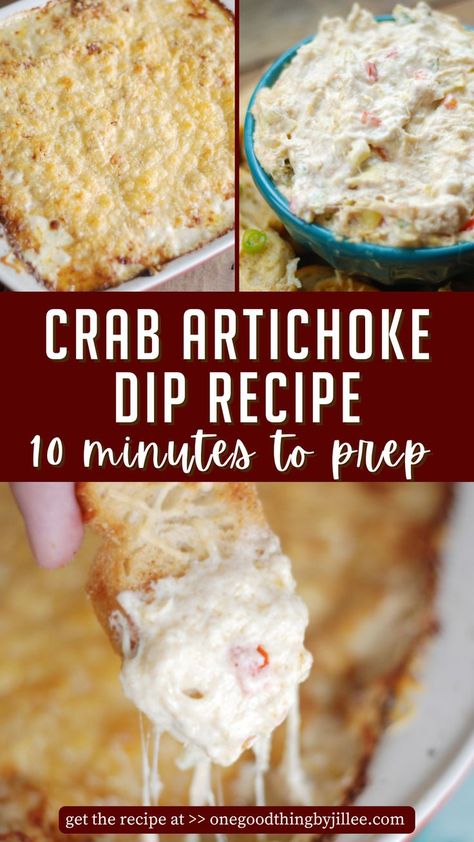 crab artichoke cheese dip being served Crab Artichoke Dip, Artichoke Dip Easy, Crab And Artichoke Dip, Dip Easy, Homemade Dips, Artichoke Dip Recipe, Piece Of Bread, Artichoke Dip, Easy Appetizer Recipes