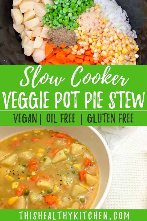 Vegetable pot pie in your crock pot? Yes you can! This veggie pot pie stew has a healthy twist for a lower calorie and lower carb spin on your traditional pot pie. No puff pastry here, just an easy, homemade soup recipe prepared in your slow cooker for a hands off dinner that is vegan, gluten free, filling and actually nutritious! Vegetable Pot Pie, Stew Vegan, Veggie Pot Pie, Vegan Slow Cooker Recipes, Vegetable Pot Pies, Vegetarian Slow Cooker Recipes, Vegan Crockpot, Vegan Slow Cooker, Slow Cooker Vegetarian