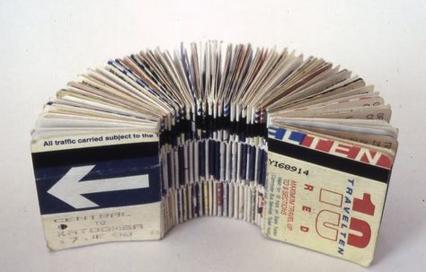 Adele Outteridge:  Bus ticket book that consist of 300 journeys. Bound together, telling a story. Book Binding Design, Travel Book Design, Bus Ticket, 달력 디자인, Book Works, Book Sculpture, Book Icons, Book Arts, Arte Sketchbook