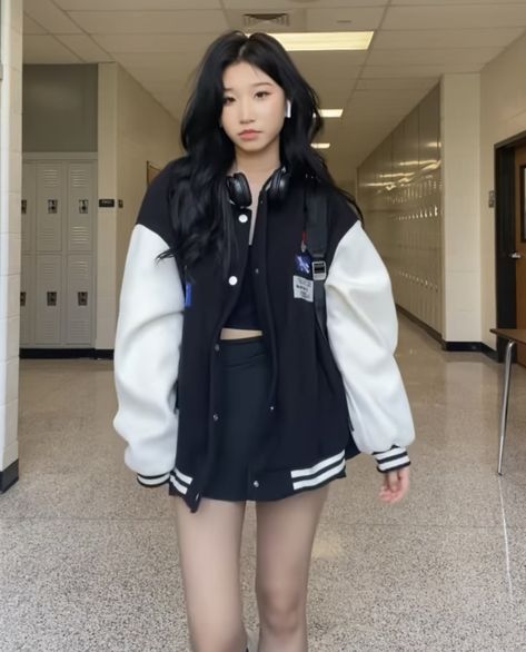 Ulzzang Varsity Jacket, Baseball Jacket With Skirt, Korean Varsity Jacket Outfit, Korean University Fashion, Mcu Outfits, Highschool Jacket, Tvd Fashion, Oversize Outfits, Long Tight Dress