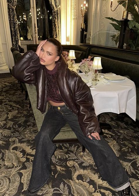 Refined grunge meets vintage edge with the oversized leather jacket, shimmery knit, and flared denim. Paola Locatelli, Oversized Leather Jacket, Flared Denim, Evening Outfit, Evening Outfits, Fashion Inspo, Leather Jacket, Knitting, Leather