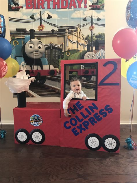 Fully decorated cardboard train photo booth Train Themed Birthday Party, Cardboard Train, Thomas Train Birthday, Thomas Birthday Parties, Thomas The Train Birthday Party, Thomas The Train Party, Train Photo, Thomas Birthday, Train Theme