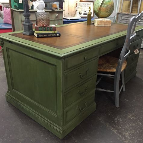 This huge executive desk is so cool! We used Annie Sloan’s Olive Chalk Paint®️ then sealed with Annie’s Clear and Dark Wax. Painted Executive Desk, Painted Wooden Desk Ideas, Executive Desk Makeover, Painted Office Desk, Painted Desks Ideas Colors, Refinish Desk, Chalk Paint Green, Painted Office Furniture, Desk Refurbish