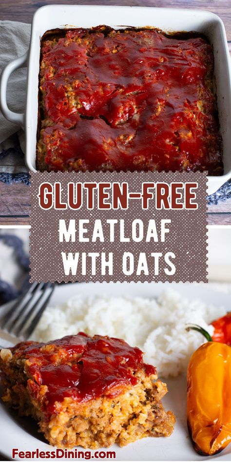 Try my new Gluten Free Meatloaf with Oats for a tasty twist on a classic dish. This homemade meatloaf tastes just like your mother made it! It mixes seasoned ground meat with gluten free oats for tender, delicious flavor. Great for family dinners or a weekend meal, this will become a family favorite comfort food! Easy Gluten Free Dinner Ideas For Family, Gluten Free Meatloaf With Oatmeal, Gluten Free Dairy Free Meatloaf, Easy Gluten Free Dinner For One, Gluten Free Dinner With Ground Beef, Gluten Free Recipes For Dinner Healthy, Meatloaf With Oats, Gluten Free Meatloaf Recipe, Df Meals