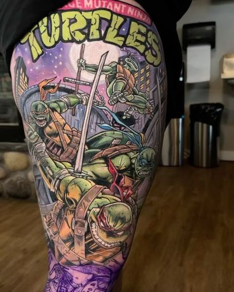 Ninja Turtles Tattoo, Knee Tats, Turtles Tattoo, Ninja Turtle Tattoos, Colorful Sleeve Tattoos, Teenage Turtles, Canmore Alberta, Fusion Ink, Leg Sleeve Tattoo