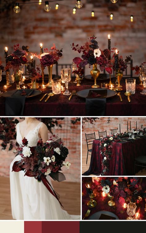 Dark Red Moody Wedding, Garnet Black Gold Wedding, Burgundy Black Wedding Decor, Fall Black Wedding Color Schemes, Wine Red Black And Gold Wedding, Black And Burgundy Gothic Wedding, Vintage Gothic Wedding Ideas, Burgundy And Black Fall Wedding, Darker Wedding Colors