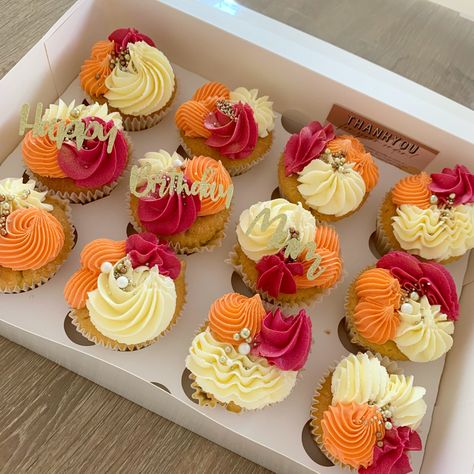 Red And Orange Birthday Decor, Orange Color Cupcakes, Pink Orange Gold Birthday Cake, Yellow Decorated Cupcakes, Pink And Orange Grad Party Decorations, Pink And Orange Cake Pops, Jojo Cupcakes, Pink Orange And Gold Party Decorations, Orange Cupcakes Decoration